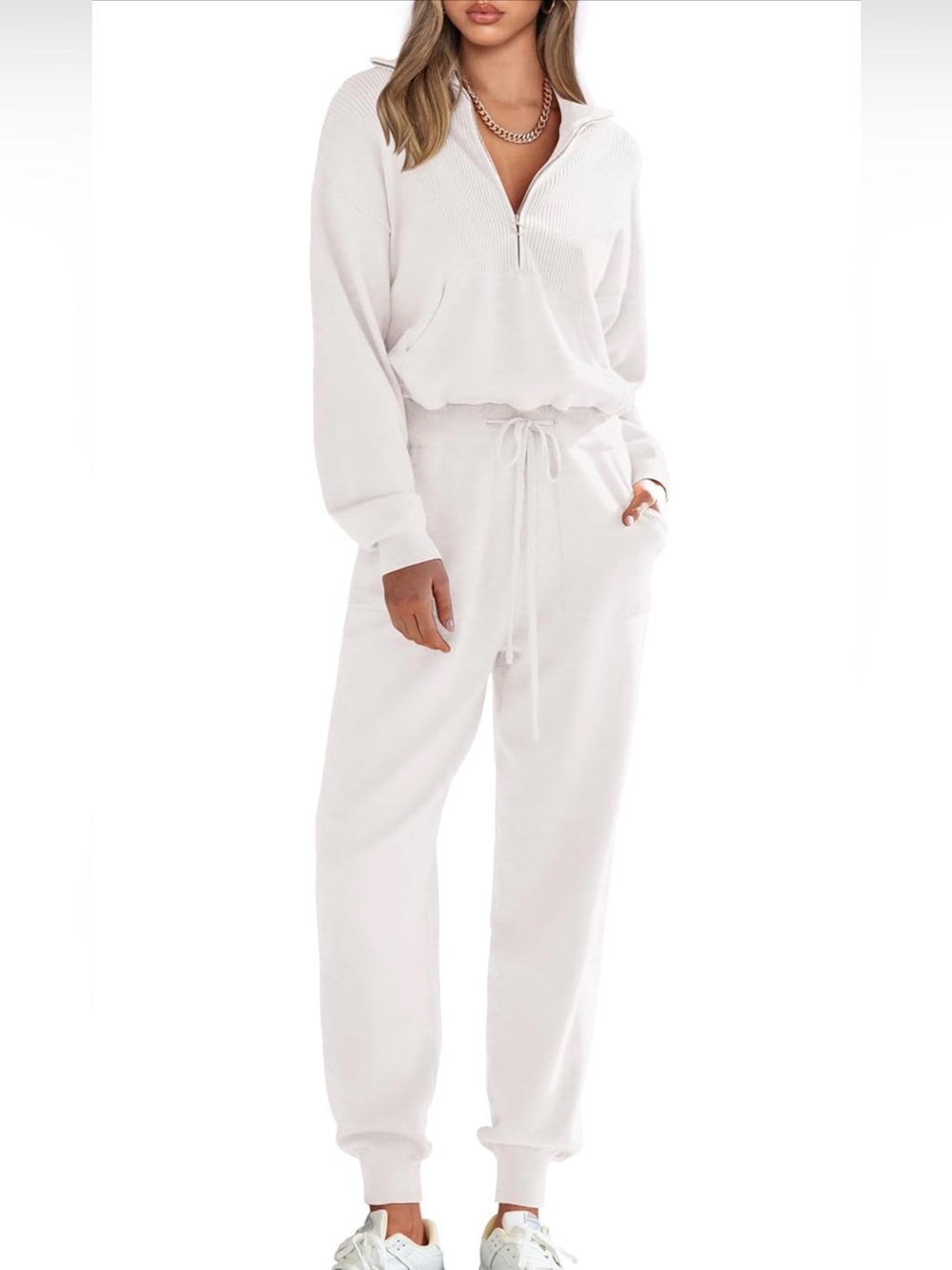 Pretty Garden Cozy Half-Zip Drawstring Sweatshirt & Jogger Set - Soft White - Picture 1 of 4